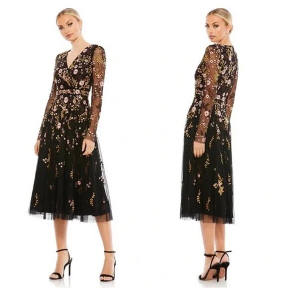 Mac Duggal Black Multi Floral Embroidered A-Line Cocktail Midi Dress